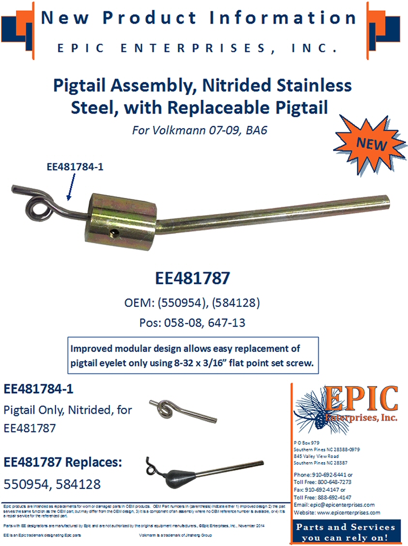 EE481787 Pigtail Assembly, Nitrided Stainless Steel, with Replaceable Pigtail for Volkmann 07-09, BA6